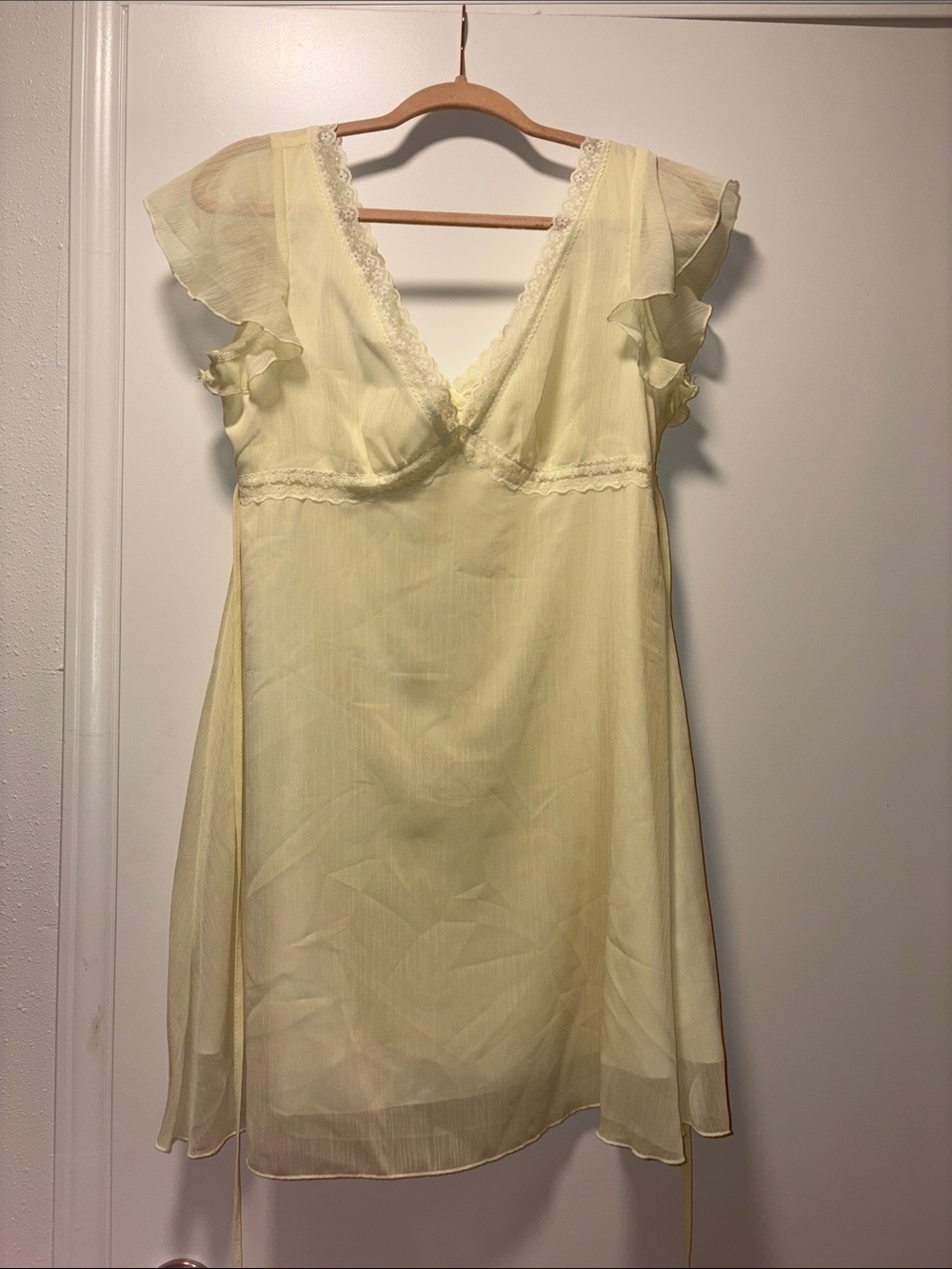 SHEIN Pale Yellow Lace-Trim Sheer Chemise